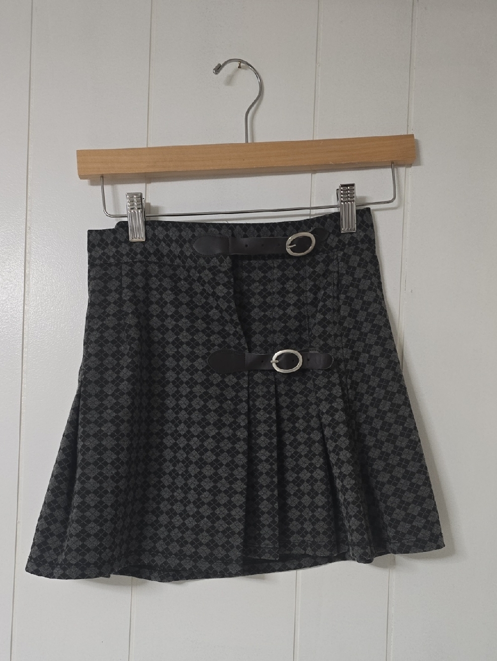 Full Tilt Black and Gray Patterned Skater Skirt with Buckle Straps